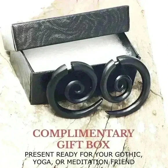 New Organic wooden spiral hoop earrings fake gauges by umbrellalaboratory - Picture 2 of 8